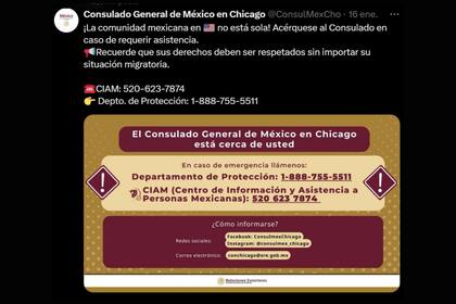 Desde sus redes el Consulado invita a los mexicanos a acercarse ante cualquier situación de emergencia. (X Consulado General de México en Chicago)