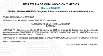 Designación de Sicilia como subsecretario de Coordinación Administrativa