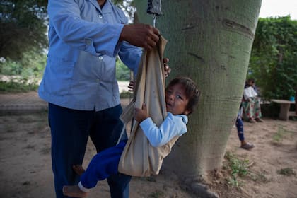 Desnutricion infantil en las comunidades wichi de Salta. Una asistente de salud de la comunidad Misión la Paz toma medidas de talla y peso 