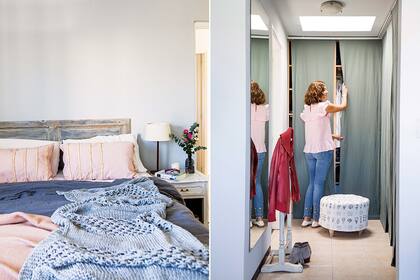 Después de considerar varias opciones, Vero y su esposo probaron como respaldo un postigo que tenían hacía tiempo. Una vez decapado, lo patinaron en tonos grises lavados