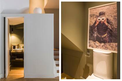 Después de darle muchas vueltas al plano, hicieron el toilette en esta delicada caja diseñada al milímetro. Mesada en mármol ‘Verde Bosque’ (Mármoles Anton) y fotografía “Camuflajes”, del artista cubano Adonis Flores.