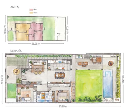 Después de diez meses de obra, el proyecto final contempla 100m2 cubiertos, 20m2 de galería con parrilla, una pileta de 12m2 y una porción de pasto de 40m2.