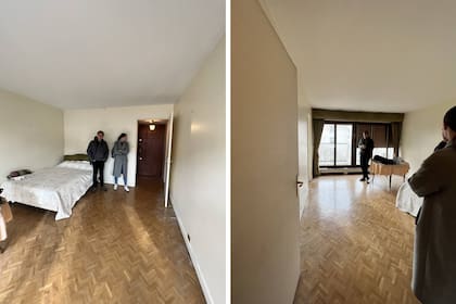 Después del mini hall de entrada, un rectángulo de 4,64x3,51m contenía el estar y el dormitorio. La puerta a la antigua cocina está frente al hombre en la foto derecha