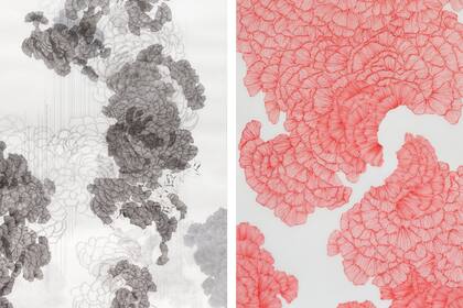 Detalle de dos obras de Michelle Dabul: "To undress" (izq.) y "Rojo porque Japón".