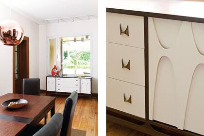 Detalle de la cómoda adquirida en el local White Attic, de Andersonville, especializado en la renovación de muebles Mid Century. Los artefactos y el diseño de iluminación de toda la casa estuvieron a cargo de Boutique de Luz.