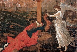 Detalle de María Magdalena y un ángel matando a un demonio en "Crucifixión mística" de Sandro Botticelli (~1500)