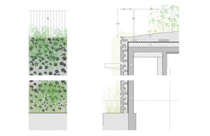 Detalle de un “muro biodiverso” diseñado por el estudio francés ChartierDalix. Se trata de un sistema constructivo que integra estructura, aislamiento y un sustrato continuo capaz de albergar flora y fauna local. Permite el crecimiento autónomo de plantas nativas, promoviendo biodiversidad en entornos urbanos densos.