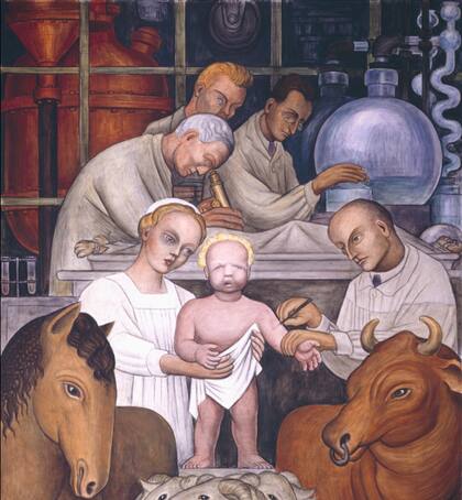 Detalle del fresco sobre la vacunación que pintó el mexicano Diego Rivera en los "Murales de la Industria de Detroit" (1932-1933)