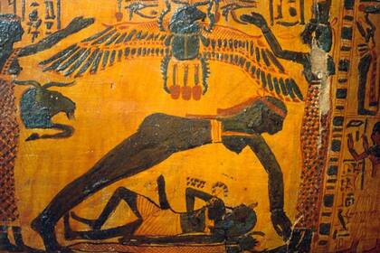 Detalle del sarcófago pintado de Butehamon; en el acto de la Creación, el dios del aire Shu sostiene en alto a la diosa del cielo Nut, separándola de Geb; Egipto Antiguo. 21a dinastía c 1069 945 a.C.
