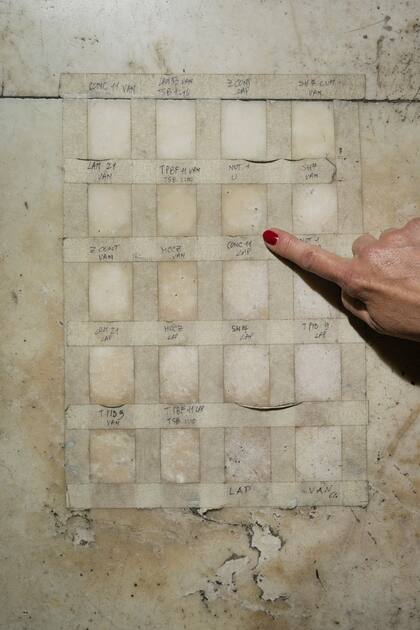 Detalle: prueba de cepas de bacterias detrás de un altar en una pequeña paleta cuadrada en la Capilla de los Medici, en Florencia, Italia