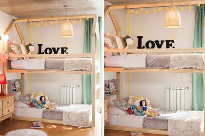 Detalles femeninos: lámpara colgante de mimbre (marcovecchio hnas., $300) y cartel love (mercadolibre, $7 cada letra)