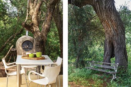 Detrás de la mesa, horno de barro. Infaltable en este rincón de campo.