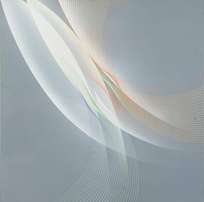 Fernández y Macri en una toma artística, con una pintura de Eduardo Mac Entyre, referente del arte geométrico, como telón de fondo; al lado, el óleo "Interdimensión", de María Martorell