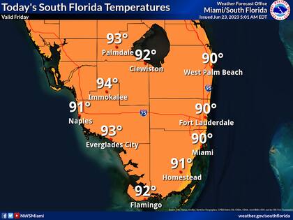Diagrama de temperaturas máximas esperadas en el sur de Florida para este viernes 23 de junio