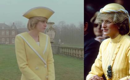 Diana en 1983 con un conjunto amarillo y sombrero de John Boyd