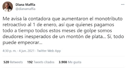 Diana Maffía relató su sensación al enterarse que había sido reclasificada en el monotributo. Fuente: Twitter.