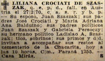 Diario LA NACION publicó el acta de defunción de Liliana Crociati. En un principio fue llevada al cementerio de Chacarita, pero una vez que estuvo lista su estatua la trasladaron al de Recoleta