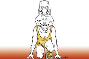 Dibujo de Horacio Rodríguez Larreta, en posición de largada de una carrera