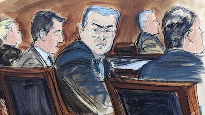 Dibujo de Juan Orlando Hernández en el tribunal federal de Nueva York (Elizabeth Williams vía AP, Archivo)
