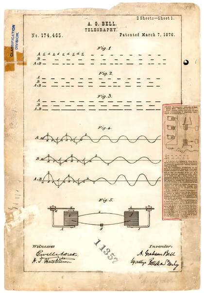 Dibujo de patente de telegrafía de Alexander Graham Bell, 7 de marzo de 1876