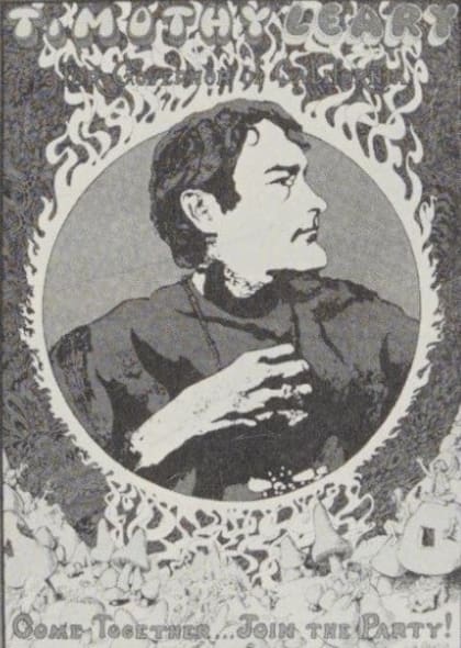 Dibujo en el libro autobiográfico de Leary que muestra el lema que escribió Lennon: come together, join the party