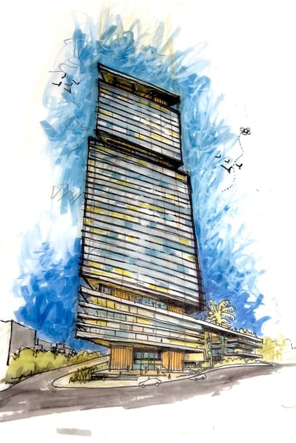 Dibujo preliminar de la torre de 35 pisos que se quiere levantar en la Manzana 89A, en Playa Chica