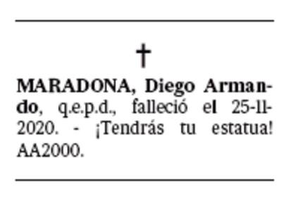 El aviso fúnebre que Eduardo Eurnekian publicó en LA NACION, donde confirma su idea de construir una estatua para Diego Maradona en Ezeiza