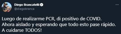 Diego Brancatelli se enteró de que tiene coronavirus este jueves, luego del programa Intratables, y lo comunicó en sus redes sociales horas después. Fuente: Twitter
