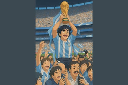 Diego Maradona con la copa del mundo en el "modo Studio Ghibli"