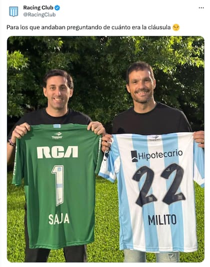 Diego Milito y Sebastián Saja en la publicación de la cuenta oficial de Racing