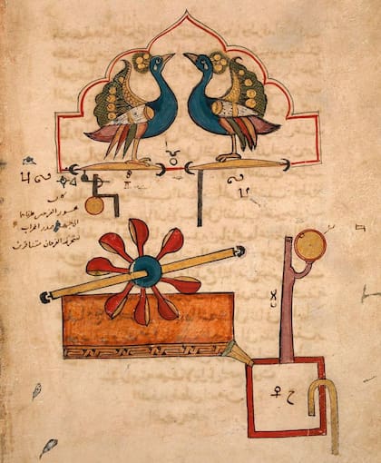 Diseño para el Reloj de Agua de los Pavos Reales, de "El Libro del Conocimiento de Ingeniosos Dispositivos Mecánicos" de Badi' al-Zaman b. al Razzaz al-Jazari (1136-1206)