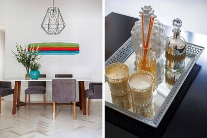 Mesa (Estudio Trama) y sillas de pana (Coup), que se suman al living cuando hace falta. Lámpara geométrica (Flo’s Market). Obra “Aguayo”’, de Carlos Taquini.