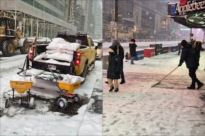 Dispersan sal y remueven la nieve en las veredas de las calles de Nueva York, en medio de la tormenta invernal