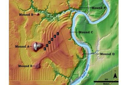 Disposición de las antiguas construcciones concéntricas en Poverty Point