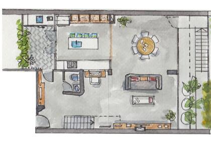 Distribución del espacio social integrado. El piso de colores corresponde al lavadero, con cerramiento de vidrio repartido.