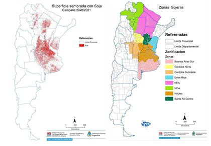 Distribución espacial del cultivo de soja en la Argentina durante la campaña 2020/2021 y distribución de las ocho zonas sojeras de la Argentina delimitadas para este trabajo