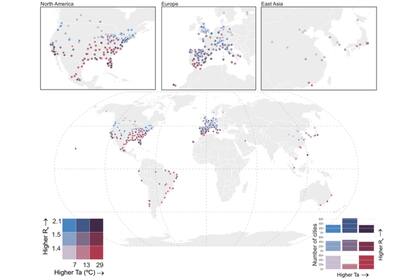 Distribución geográfica del número de reproducción efectiva (Re) y temperatura media diaria (°C) para las 409 ciudades incluidas en el estudio