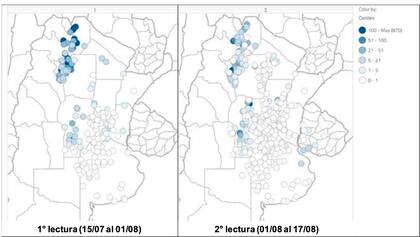 Distribución y evolución de las localidades relevadas en el primer y segundo informe de la Red Nacional de Monitoreo de la chicharrita del maíz (Dalbulus maidis) en las diferentes regiones maiceras de la Argentina y Uruguay