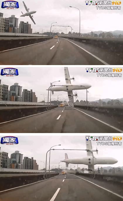 Diversas capturas de video facilitadas por TVBS Taiwan que muestran el momento en el que el avión de TransAsia se estrella en el río Jilong en Taipei (Taiwan) el miércoles 4 de febrero de 2015. En el avión viajaban 58 pasajeros, entre ellos cinco tripulantes y tres niños.