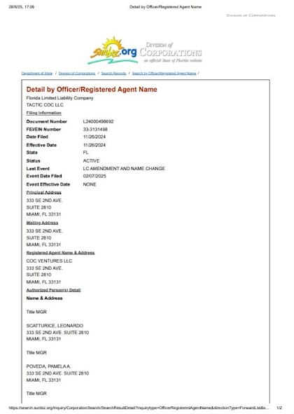 Documento comercial de la empresa Tactic COC, registrado en el estado de Florida, Estados Unidos.