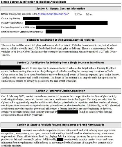 Documento de la Fuerza Aérea sobre adquirir Tesla Cybertruck para pruebas con misiles (Captura de pantalla The War Zone)