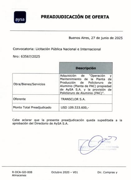 Documento de preadjudicación de AySA a favor de Transclor.