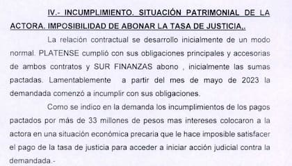 Documento judicial de la demanda que Platense le inició a Sur Finanzas