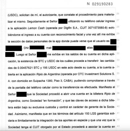 Documento oficial de la constitución de la SRL con capital cripto