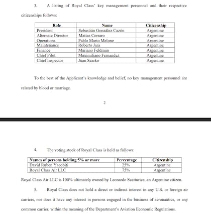 Documento que Royal Class presentó ante el Departamento de Transporte de Estados Unidos y da cuenta de su composición accionaria