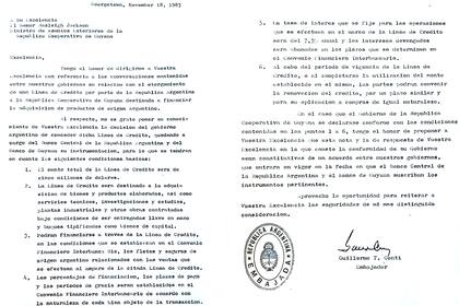 Facsímil de la nota que el embajador Guillermo Conti le envió el 18 de noviembre de 1983 a Rasleigh Jackson, ministro de Relaciones Exteriores de Guyana. Está fechada en Georgetown y ocurrió días antes de la llegada de Alfonsín.