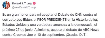 Donald Trump aceptó la invitación para debatir contra el presidente Joe Biden en le marco de las elecciones 2024 en EE.UU.