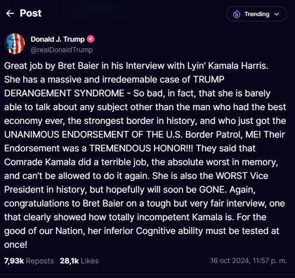 Donald Trump acusa a Kamala Harris de estar obsesionado con él y la cataloga como la "peor vicepresidenta de la historia"