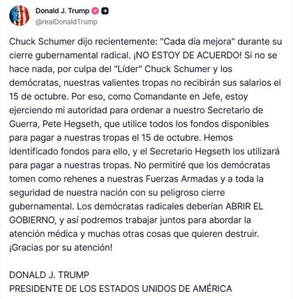 Donald Trump afirmó en sus redes sociales que pagará los salarios de los militares de EEUU