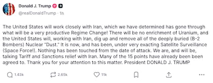 Donald Trump afirmó que trabajarán en conjunto con Irán en medio de un "cambio de régimen muy productivo". @realDonaldTrump